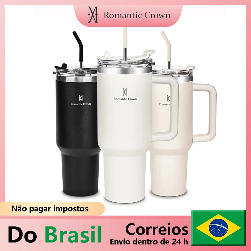 Romantic Crown- Garrafa Térmica de Aço Inoxidável 1,2L com Palha de Aço Inoxidável
