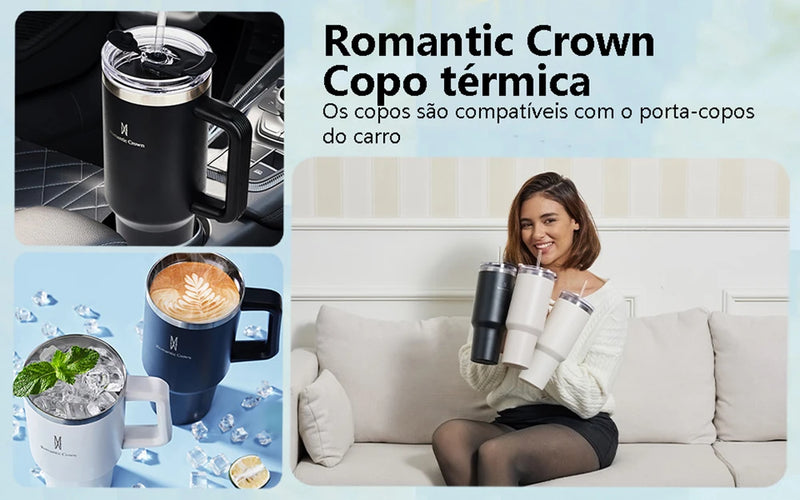 Romantic Crown- Garrafa Térmica de Aço Inoxidável 1,2L com Palha de Aço Inoxidável