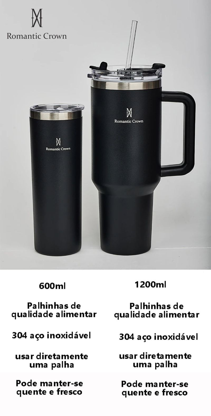 Romantic Crown- Garrafa Térmica de Aço Inoxidável 1,2L com Palha de Aço Inoxidável