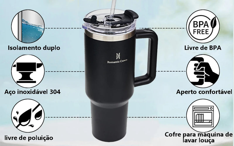 Romantic Crown- Garrafa Térmica de Aço Inoxidável 1,2L com Palha de Aço Inoxidável