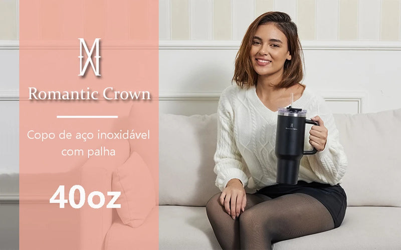 Romantic Crown- Garrafa Térmica de Aço Inoxidável 1,2L com Palha de Aço Inoxidável